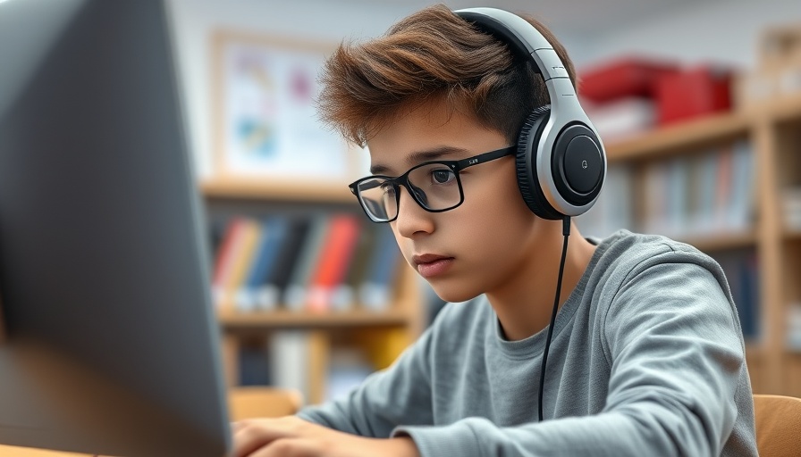 Focused student using computer with headphones in classroom setting.