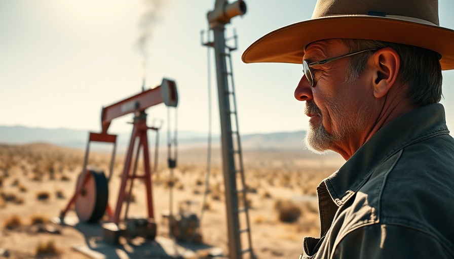 Man inspecting oil pumpjack in California desert, highlighting mineral rights.