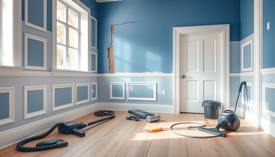Room renovation showing blue walls with white wainscoting in progress.