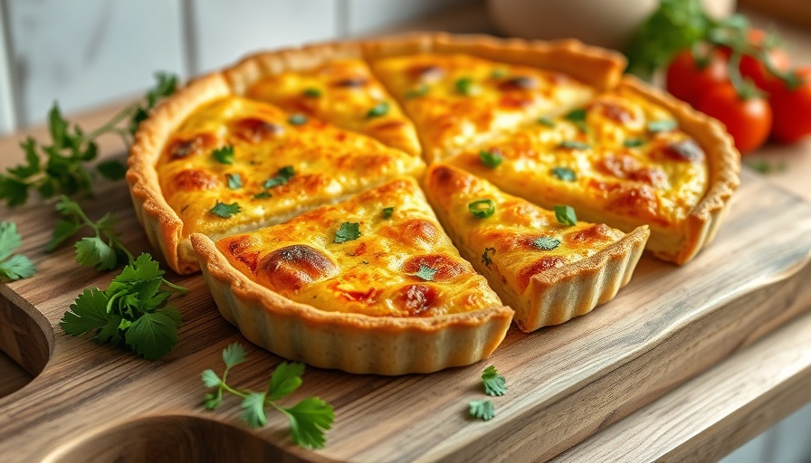 Classic Quiche Recipe: golden brown quiche slices with herbs on rustic board.