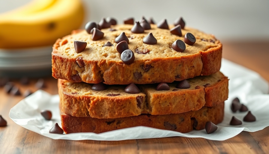 Almond flour banana bread with chocolate chips stacked on parchment.
