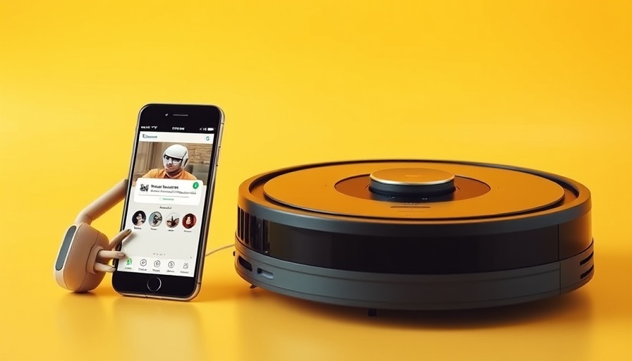 Eufy robot vacuum and phone app on yellow background.