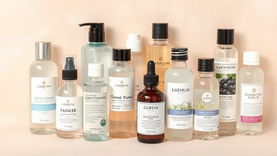 Various toner bottles for different skin types arranged aesthetically.