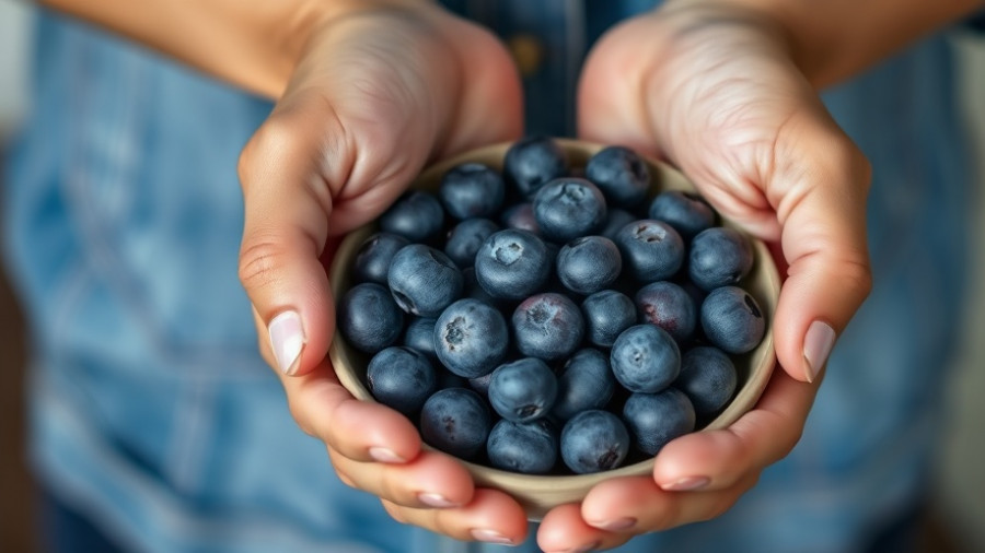 Close-up of hands picking blueberries for brain health.