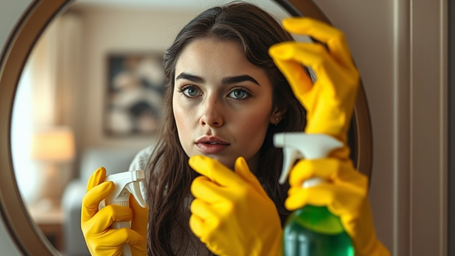 Young woman cleaning mirror, maintaining a healthy clean home.