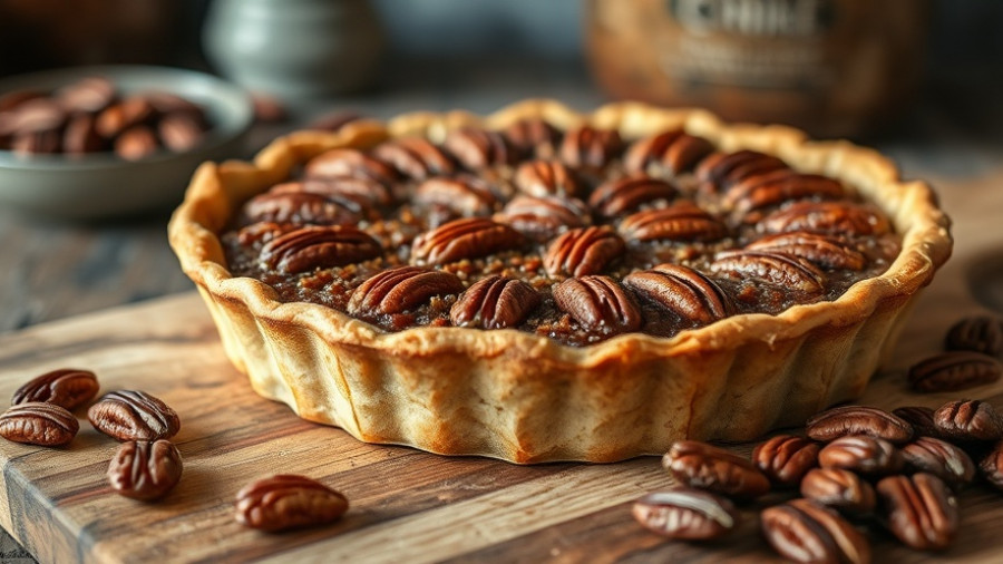 Delicious pecan pie with rustic kitchen setting.