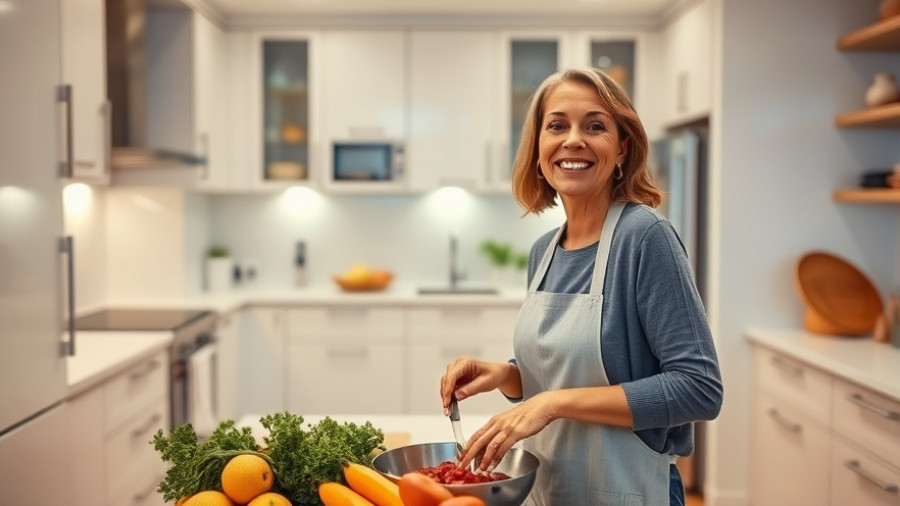 Smiling woman cooking in a modern kitchen, kitchen essentials for busy parents.