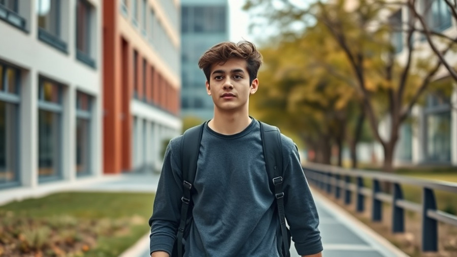 College student walking on campus under cloudy skies at CSUSM