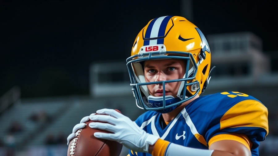 High school football player in action during a night game.