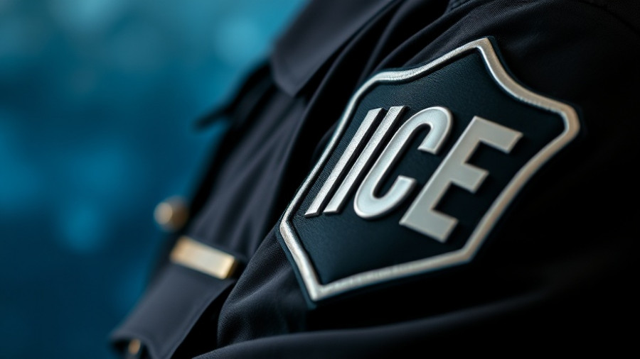 Close-up of ICE officer's badge on black shirt.