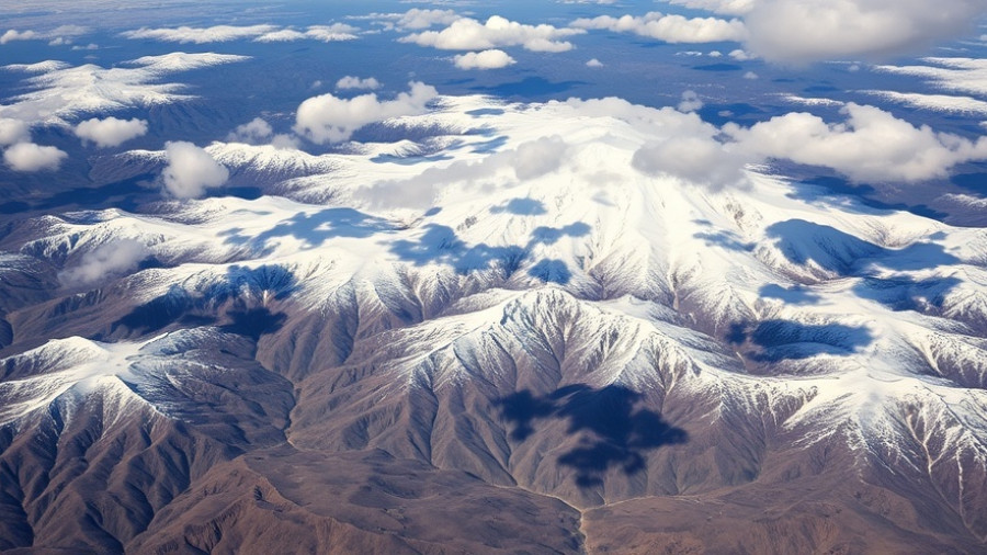 Aerial view of California snow cap transformation during winter.
