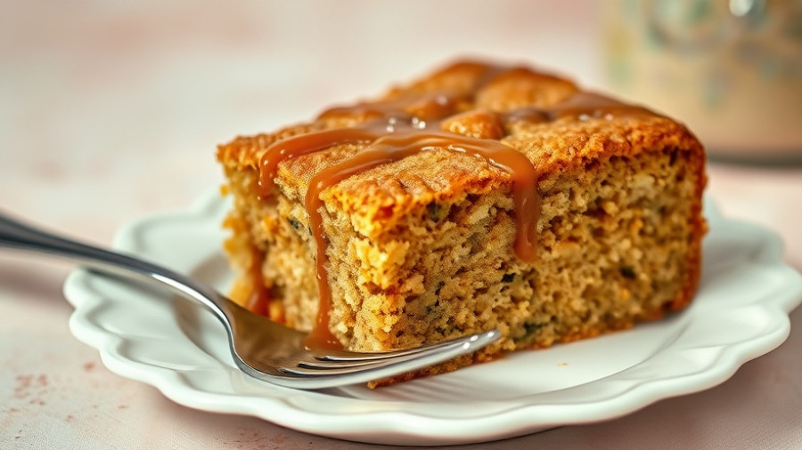 Salted Butterscotch Zucchini Coffee Cake slice on white plate.