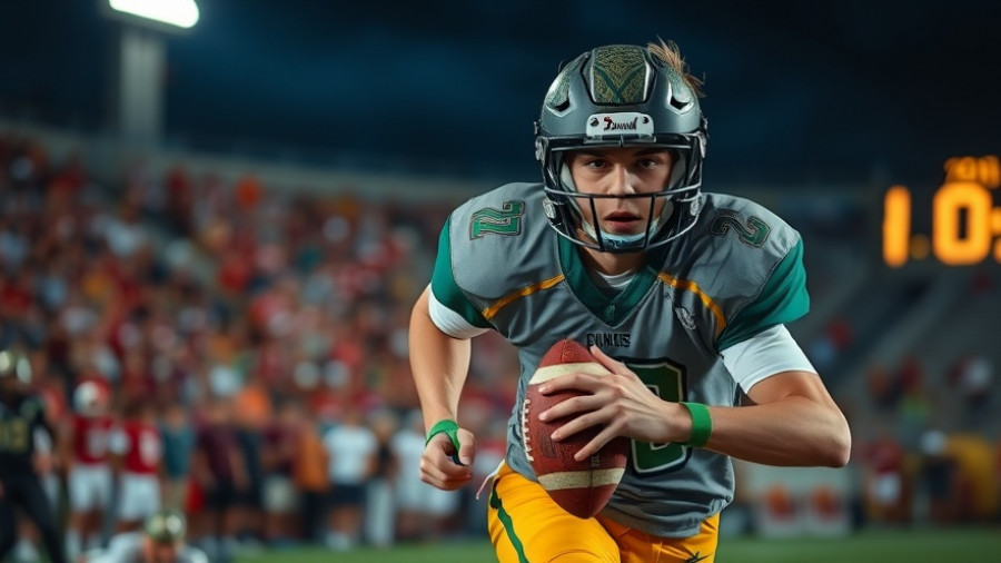 High school football player running during a night game in Southern California.