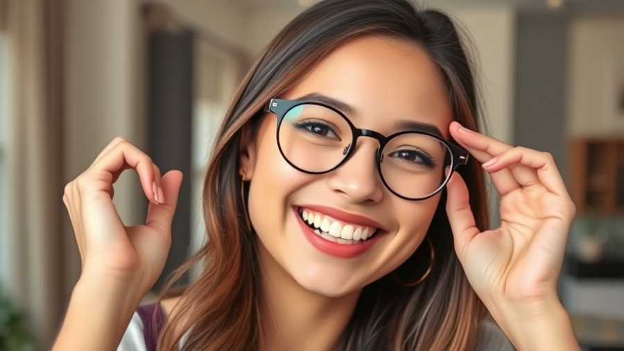 Smiling woman adjusting glasses indoors, best places to get prescription glasses.