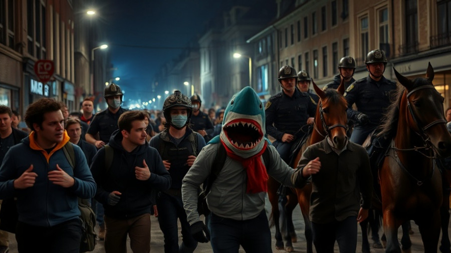 No Kings Day protest with shark costume and police on horses at night.