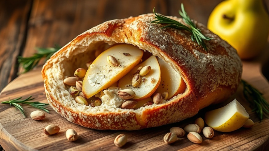 Pistachio Pear and Brie Stuffed Sourdough loaf on a wooden board with rosemary.