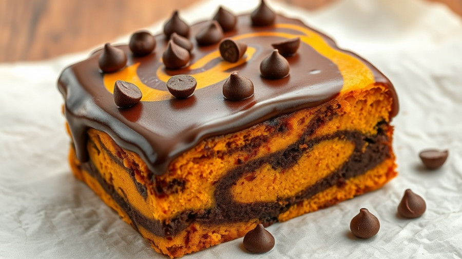 Delicious Marbled Pumpkin Snacking Cake gluten free squares with chocolate chips on parchment.
