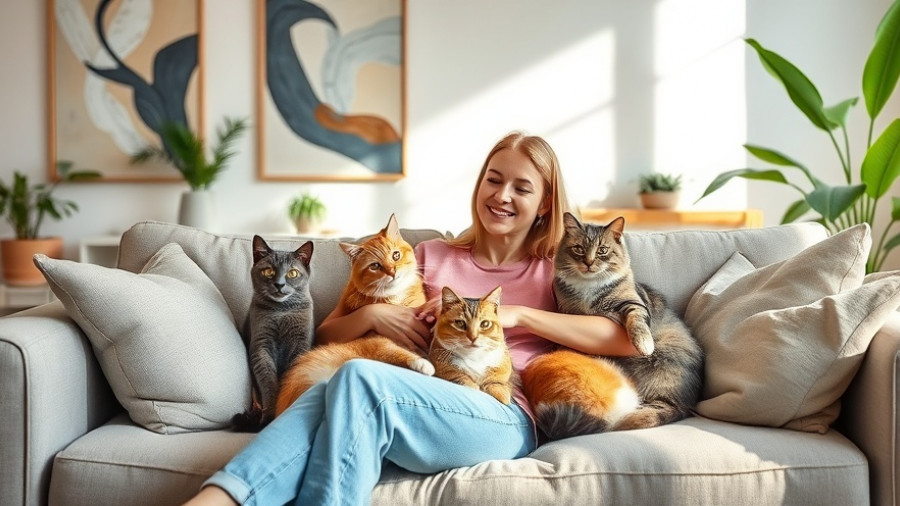Woman relaxing with cats in allergy-friendly home with art