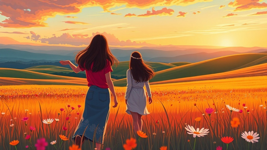 Illustration of one-sided friendship with two women in a sunset field.