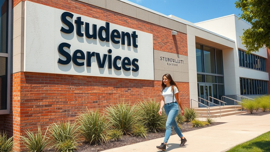 Entrance to student services building, California youth.