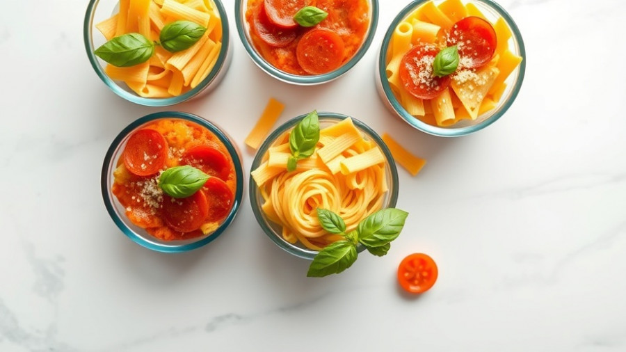 Delicious make-ahead pasta lunch in glass containers with cheese and basil.