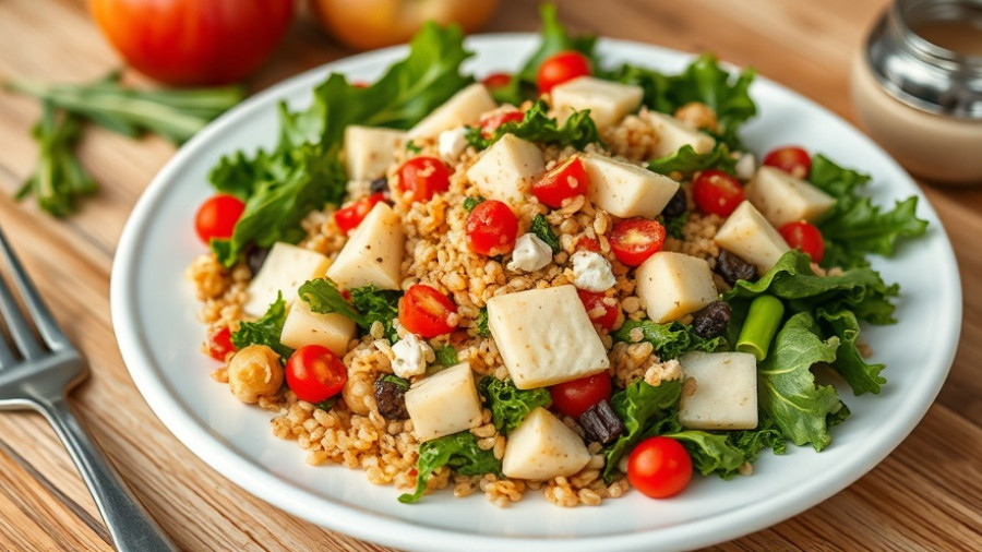 Colorful Manchego apple kale farro salad on a white plate.