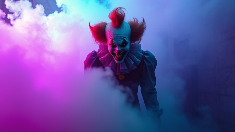 Eerie clown with green and purple smoke at Halloween event in Los Angeles.