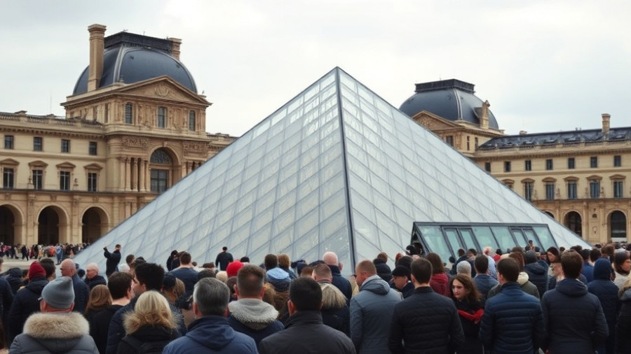 Visitors queue outside Louvre's glass pyramid, anticipating entry.
