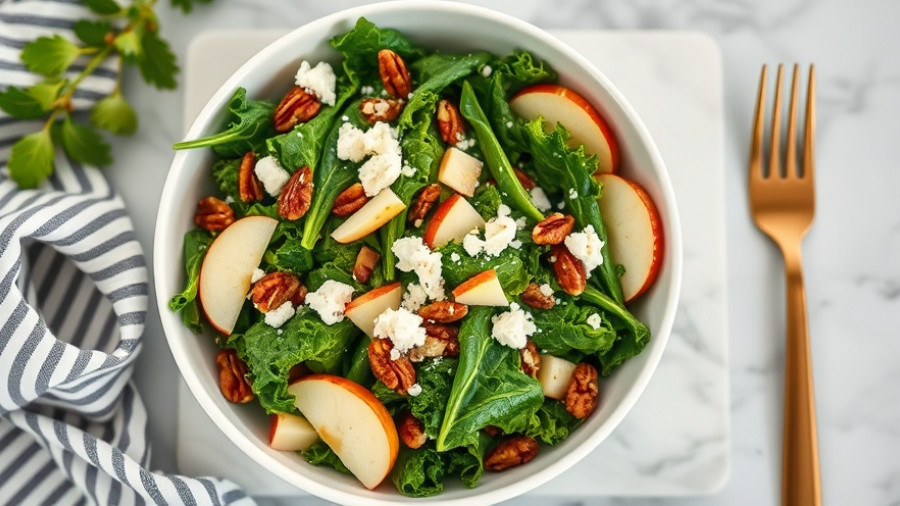 Massaged Kale Salad with Apples, Feta & Pecans in a white bowl on marble