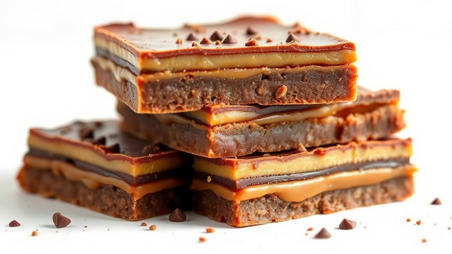 Stacked chocolate caramel bars, homemade Halloween treats, delicious dessert.