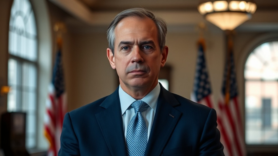 Gavin Newsom in serious mood with flags in background.
