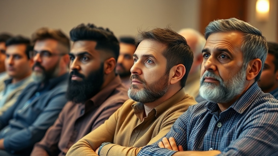 Group of men in a meeting, transnational repression in California context, attentive expressions.
