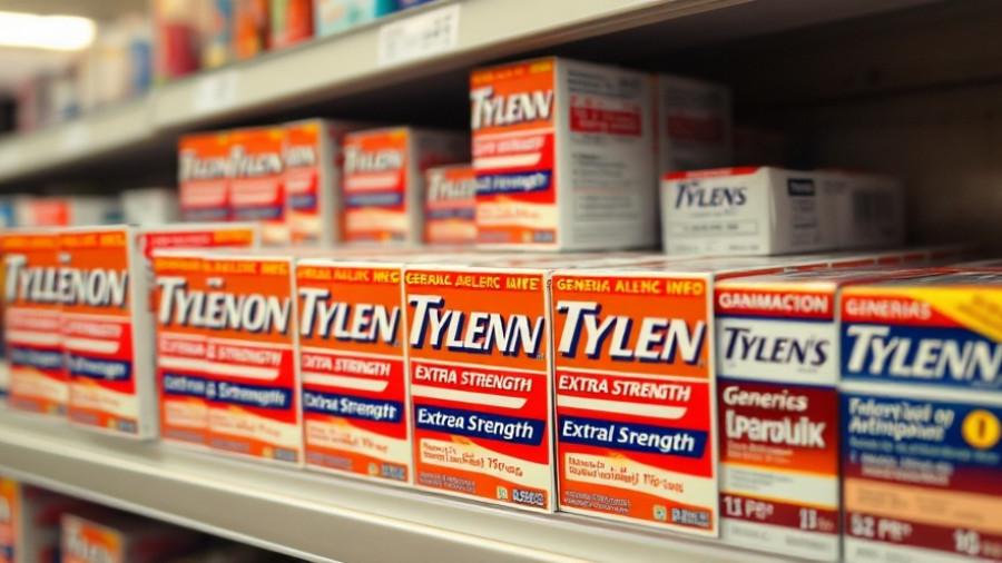 Tylenol Extra Strength packages next to acetaminophen in a pharmacy.