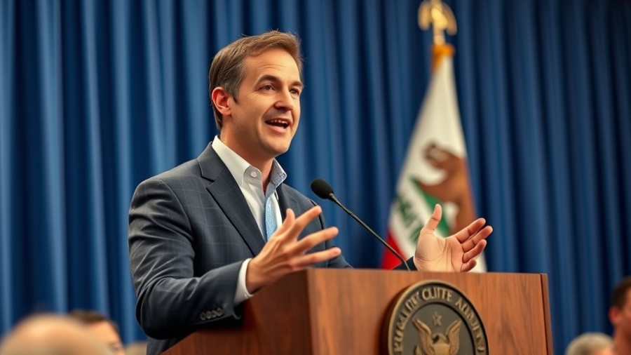 California sues Trump: Speaker at podium with California flag backdrop.