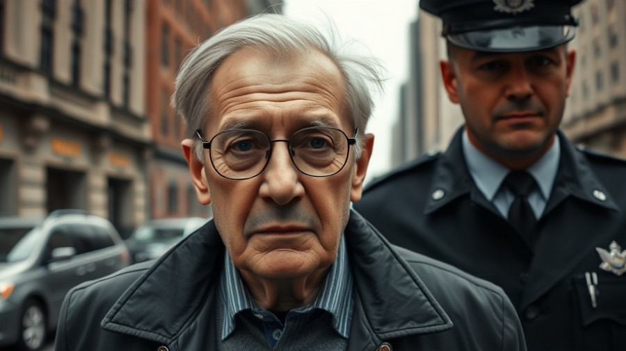 Elderly man escorted by officer with serious expression.