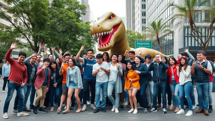 San Fernando food festival attendees pose with Foodzilla inflatable.