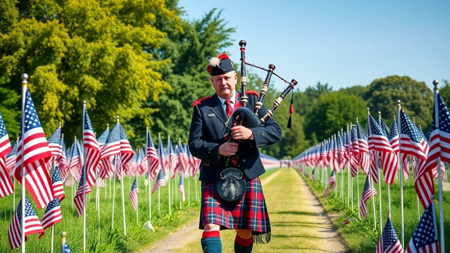 Veterans Day Flags of Honor display with kilted musician and flags.
