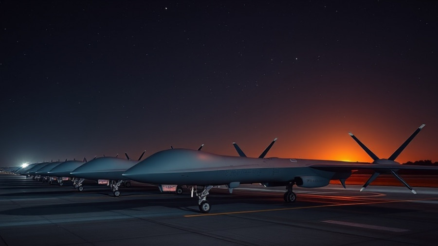 Advanced military drones lined up under a starry sky, Ukraine long-range drones impact on Russia.