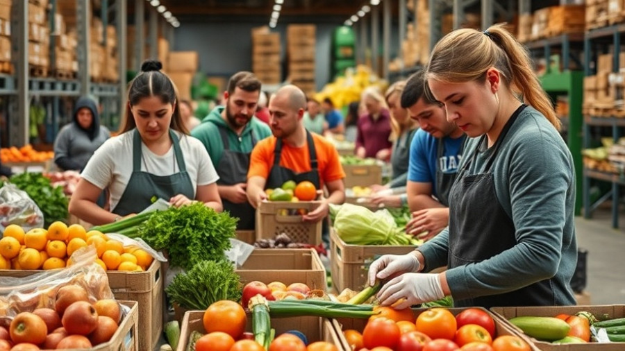 Californians sorting food, concerned expressions, food aid packaging, teamwork.
