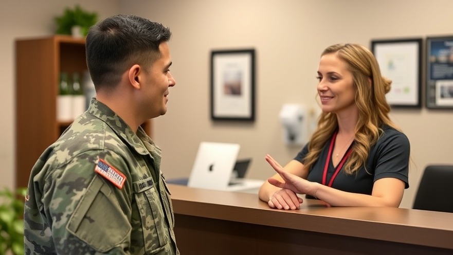 Military healthcare visit: Enlisted man consults receptionist at chiropractor office for pain management alternatives.