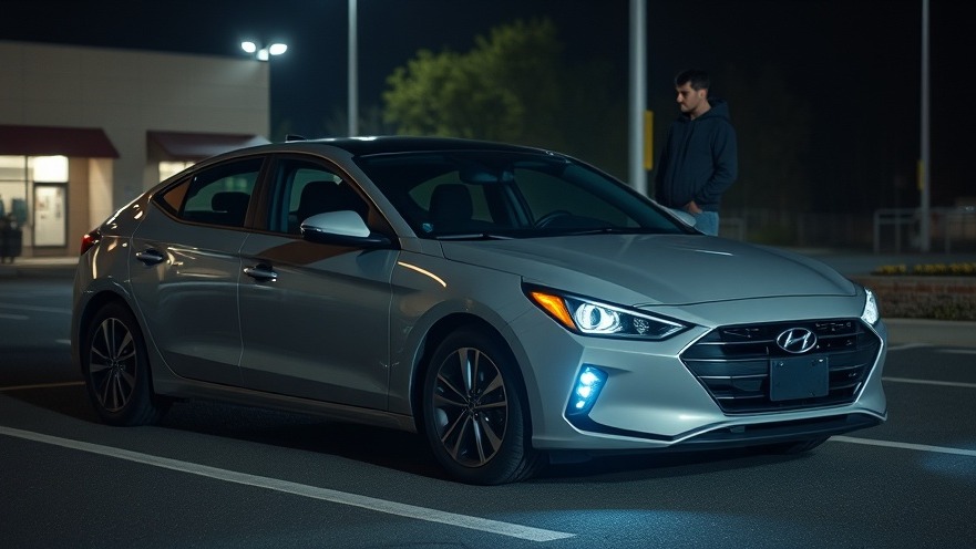 Auto theft prevention: suspicious person near Hyundai in San Diego parking lot at night.