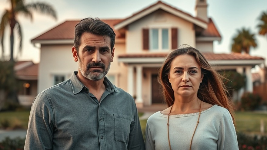 Worried couple in front of Southern California house, highlighting real estate competition.