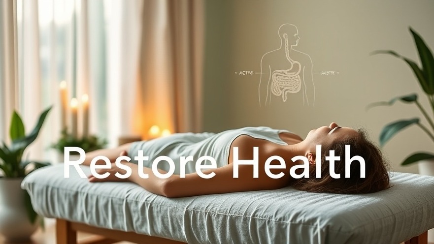 A tranquil acupuncture setting with needles, plants, and a gut diagram for holistic health.