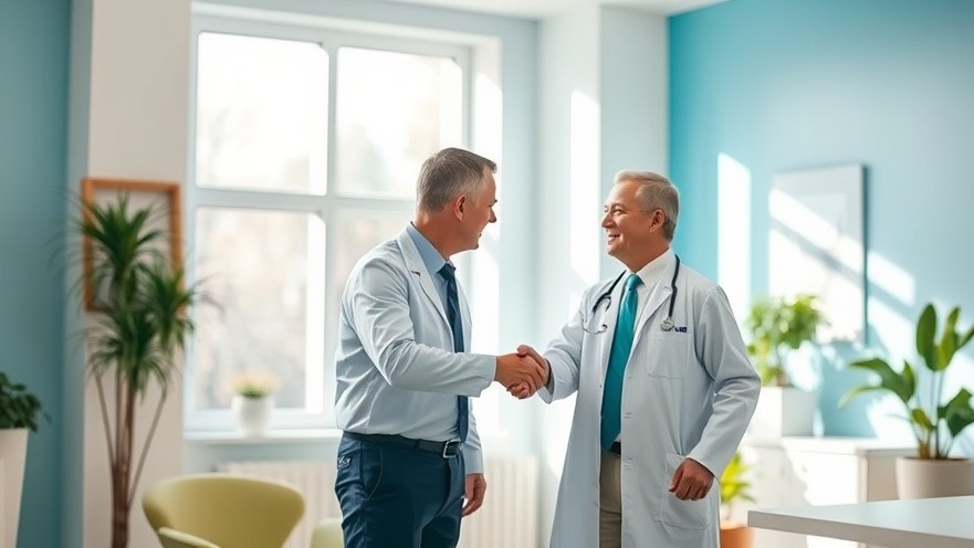 Chiropractic care collaboration: chiropractor and MD shaking hands in a bright office.