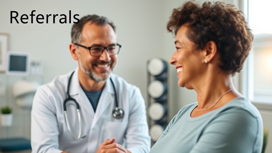 Chiropractor referrals in a warm office with a caring doctor and patient.