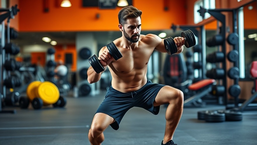 Focused male strength training with lunges, highlighting muscle growth in a vibrant gym.