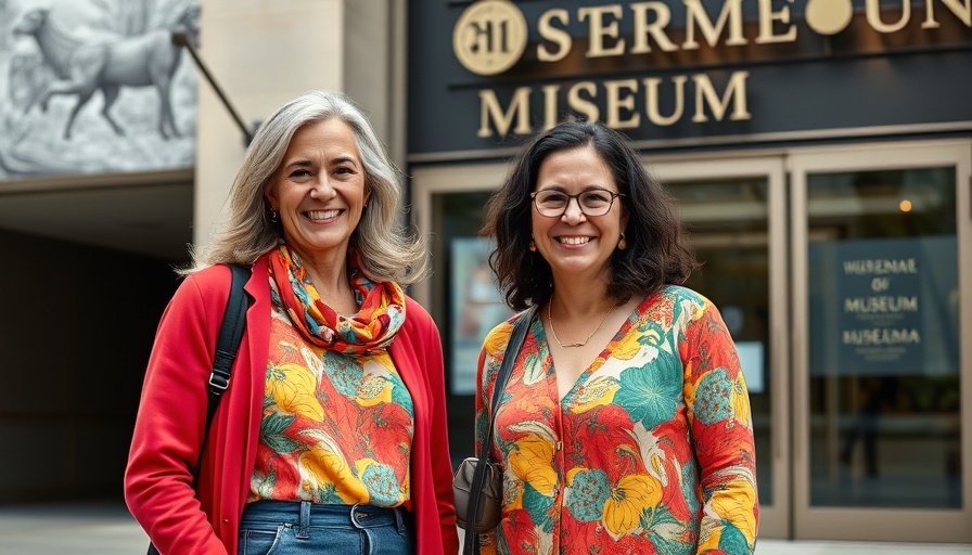 Two women outside museum entrance, museum prescription for mental health concept.
