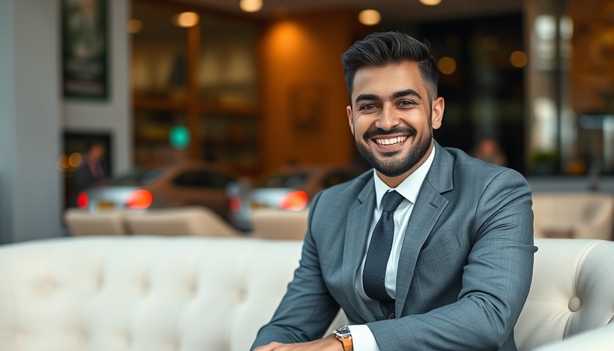 Smiling man in a gray suit indoors, soft lighting, warm ambiance.