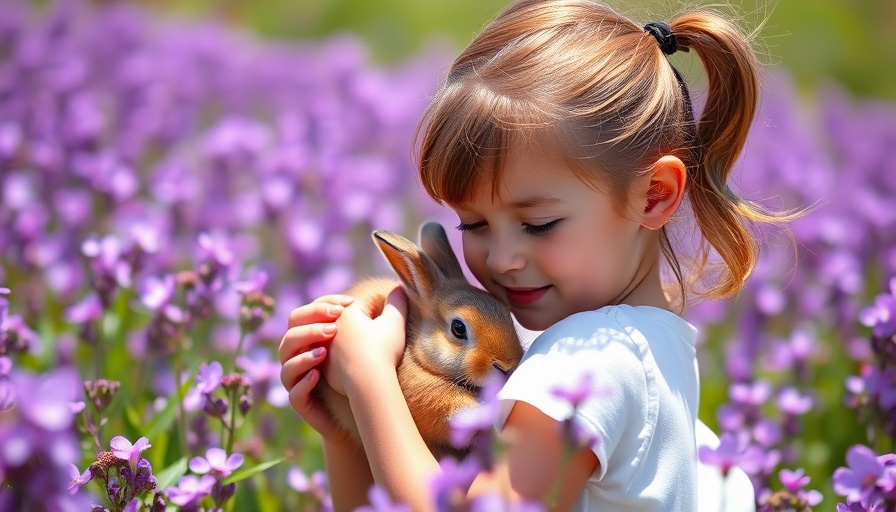 Child cuddles rabbit in a field of flowers during Easter and Spring Events in San Diego.
