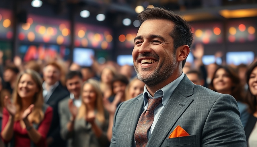 Lively event with smiling man in gray suit, crowd cheering.